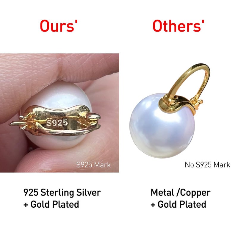 OwMell Elegant 925 Sterling Silver Pearl Drop Earrings Dangle Stud Gold Plated Earrings for Women Large Size 12mm - Gold - Image 2